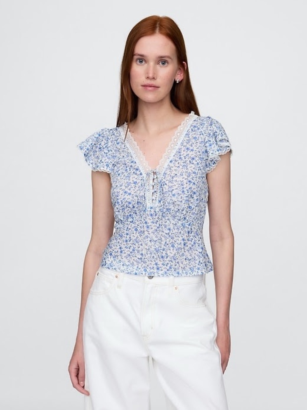 GAP Light Blue Floral Lace-Trim Top